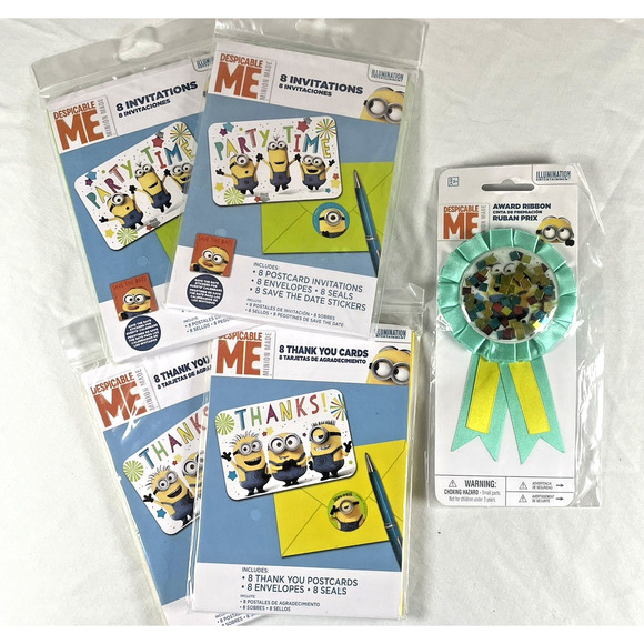 Despicable Me Minions Kid Birthday Party 16 Invitations, Thank You Notes, Ribbon - Picture 1 of 9